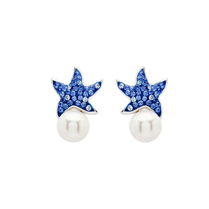 Sterling Silver Pearl / Sapphire Crystal Star Fish Earrings