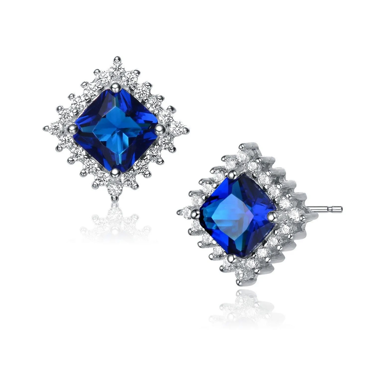 Sterling Silver Sapphire Cubic Zirconia Square Earrings