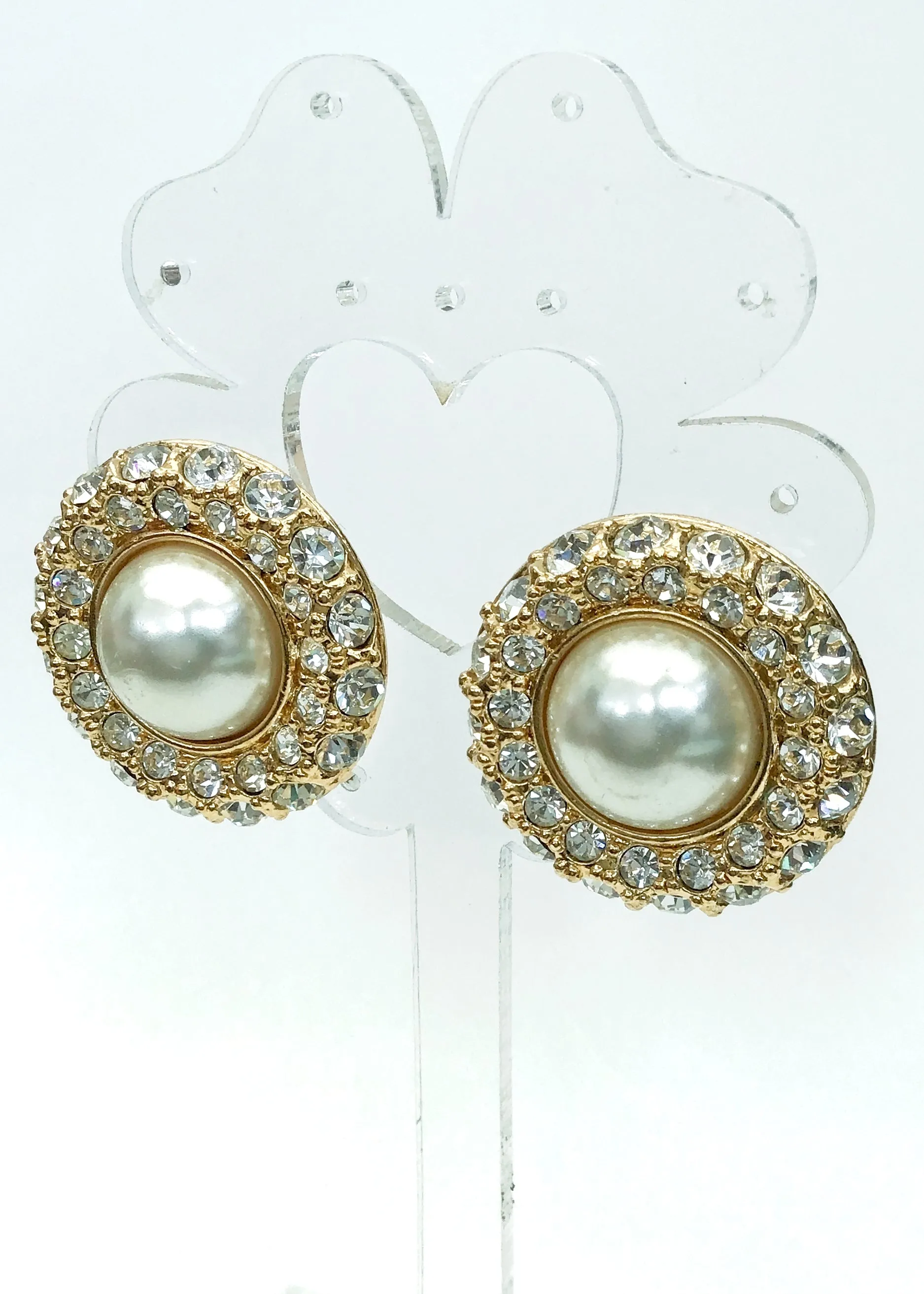 Stunning Vintage 80s Big Statement Faux Pearl Rhinestone Clip On Earrings