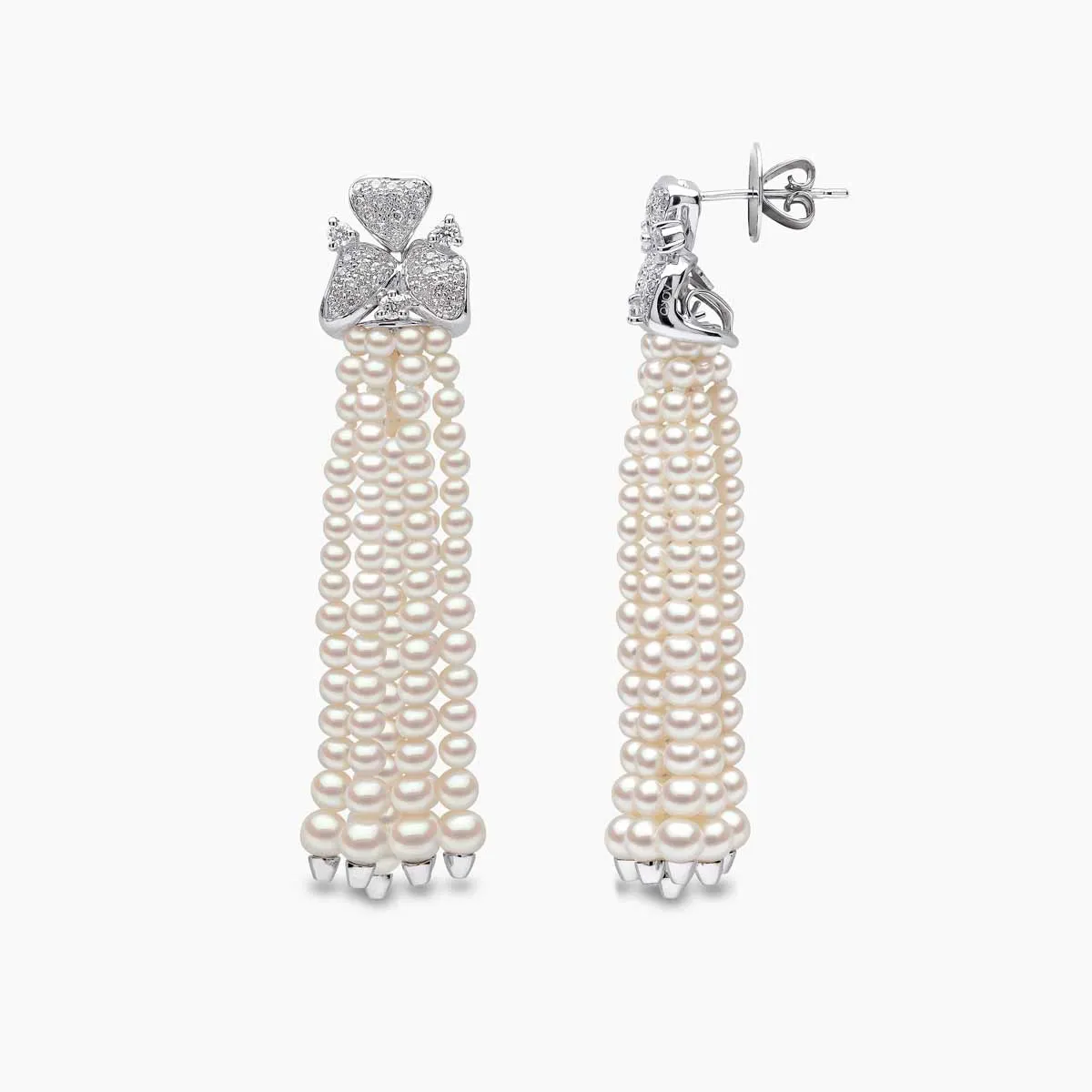 Tassel 18K Gold Freshwater Pearl and Diamond Motif Earrings