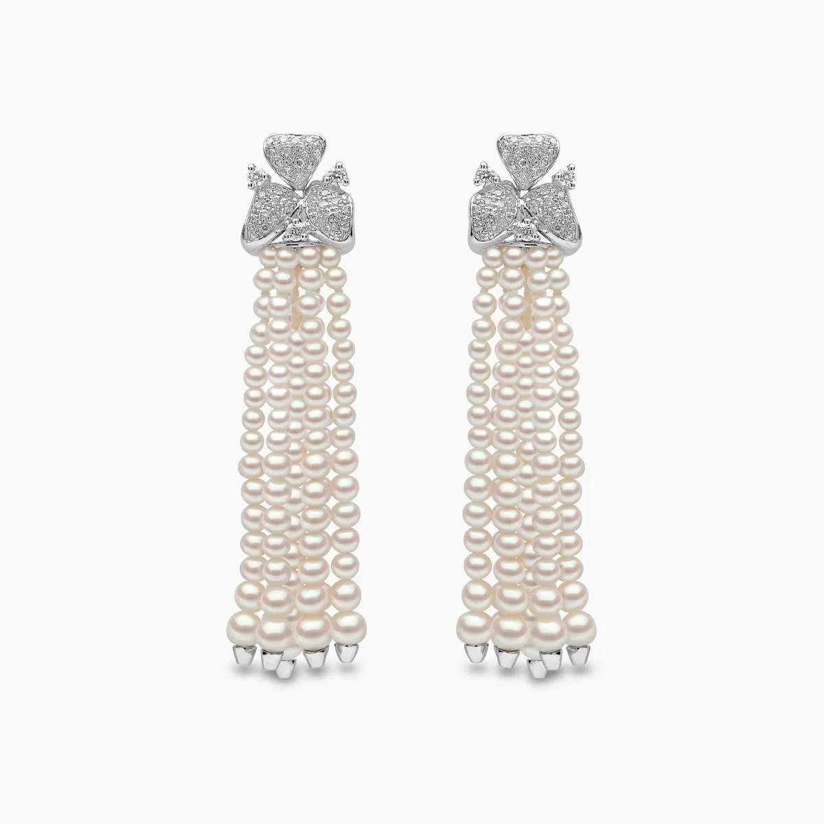 Tassel 18K Gold Freshwater Pearl and Diamond Motif Earrings