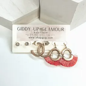 Tassel Gold Earring Set in Coral