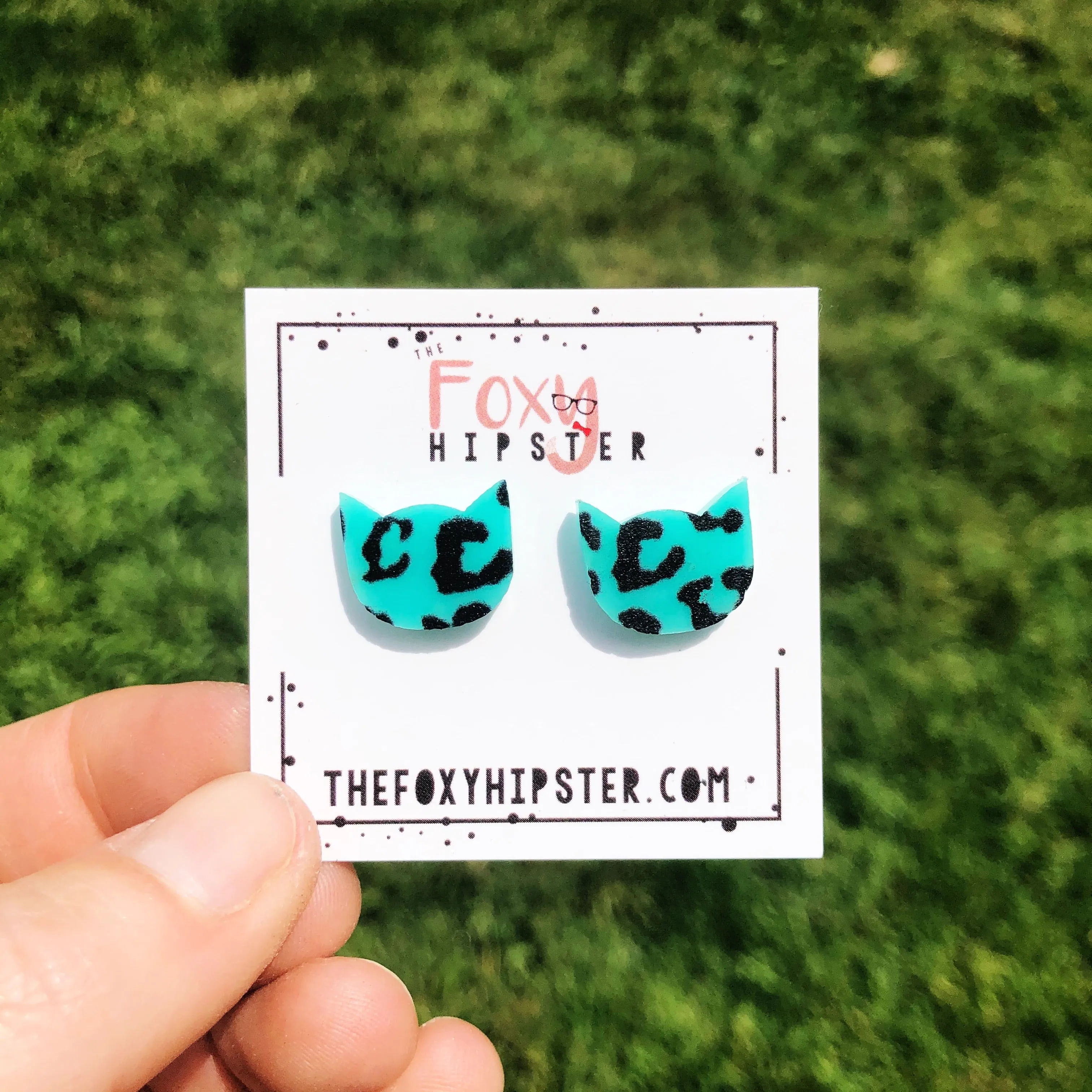 Teal Cat Cheetah Print Stud Earrings