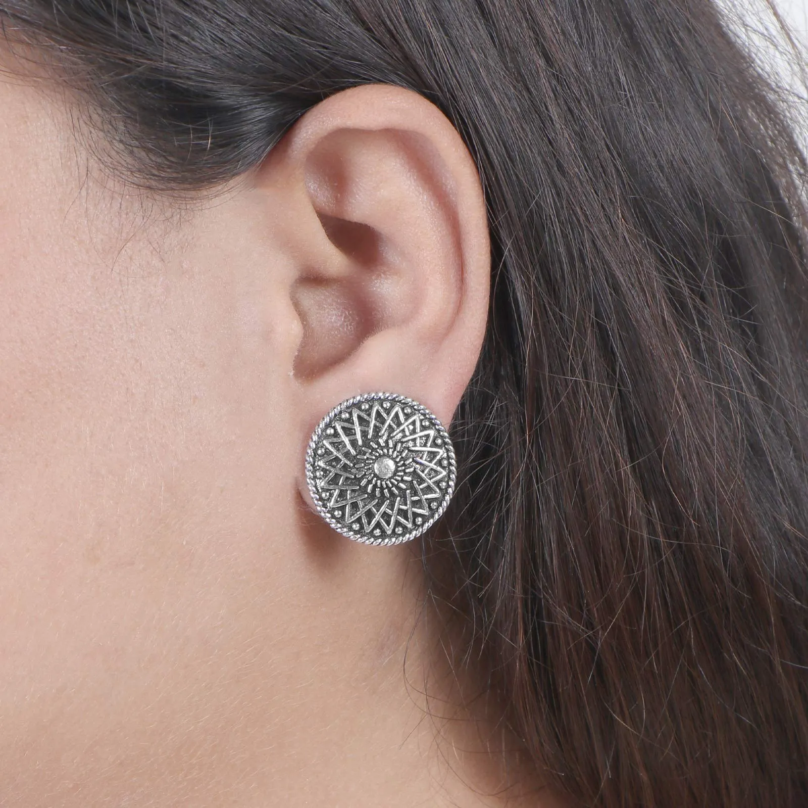 Teejh Mansa Circular Silver Oxidized Studs Earrings For Women