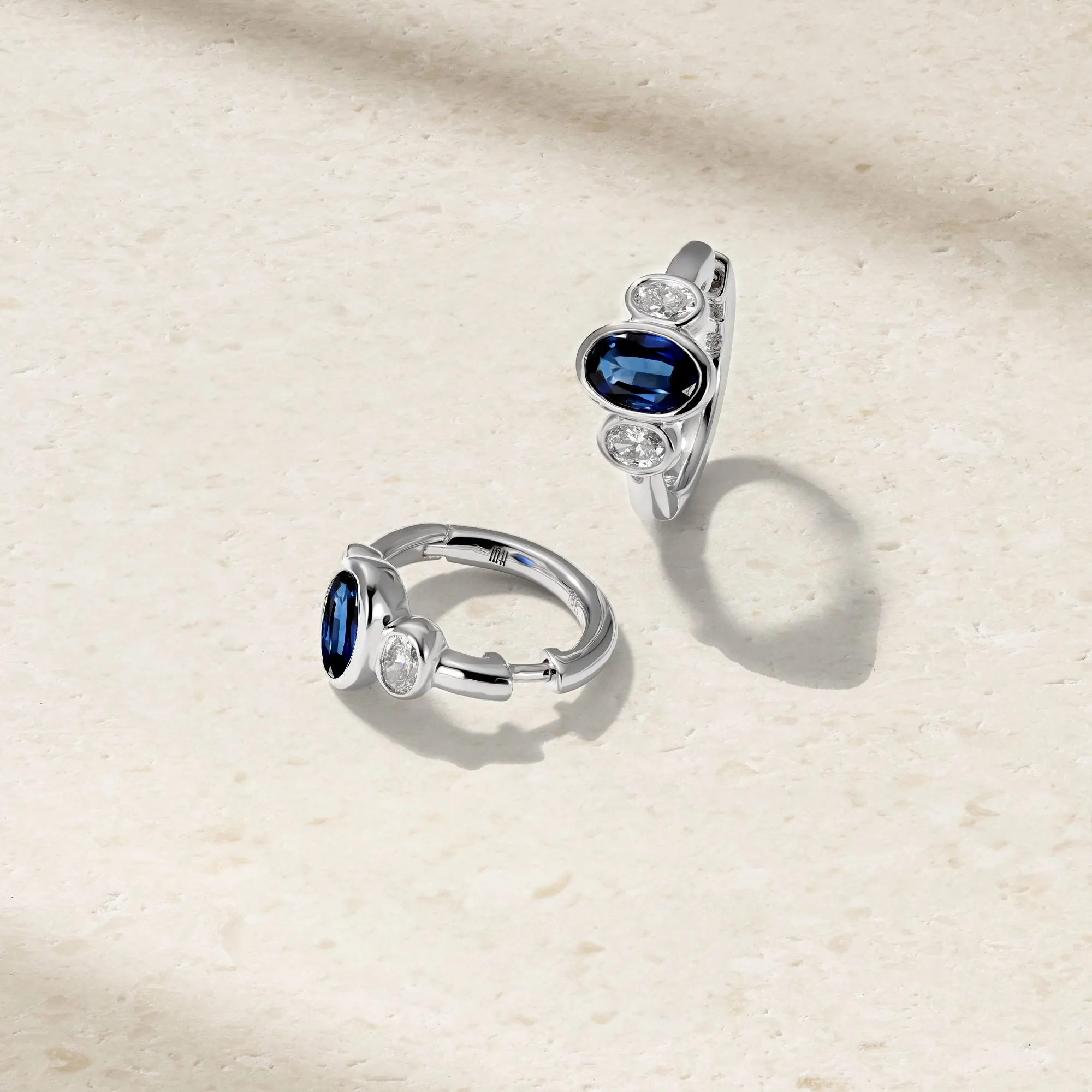 Three Stone Oval Sapphire and Diamond Huggie Earrings