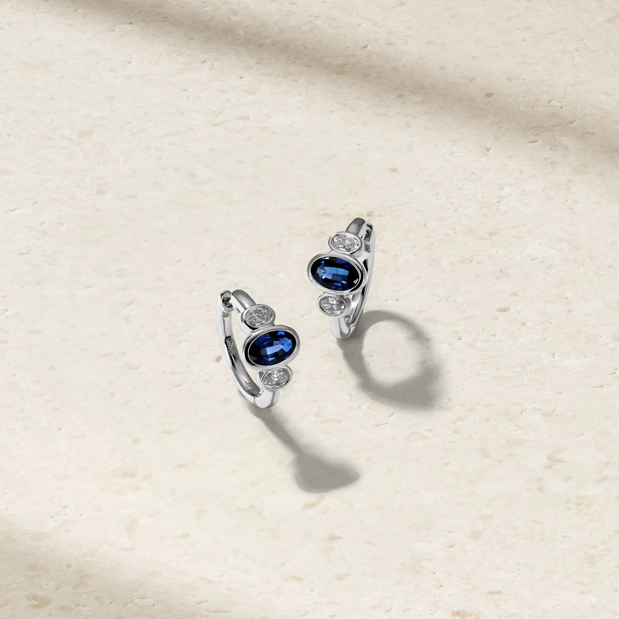 Three Stone Oval Sapphire and Diamond Huggie Earrings