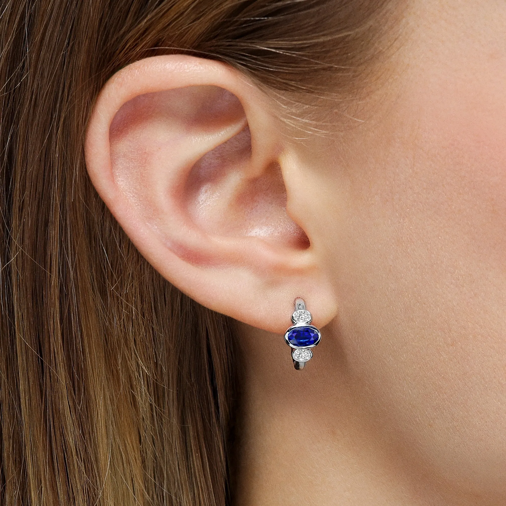 Three Stone Oval Sapphire and Diamond Huggie Earrings