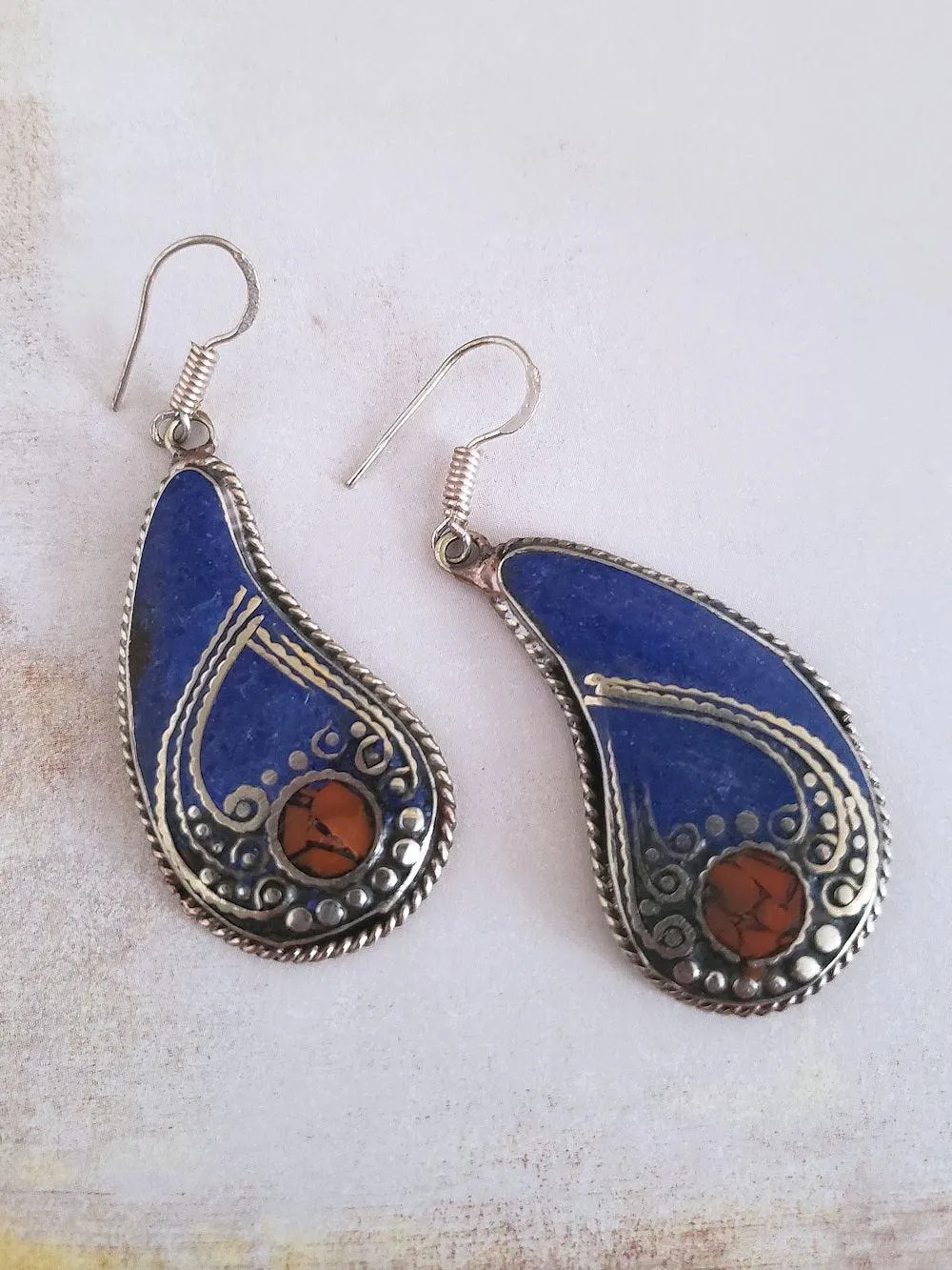 Tibetan Earrings - Lapis or Turquoise Paisleys