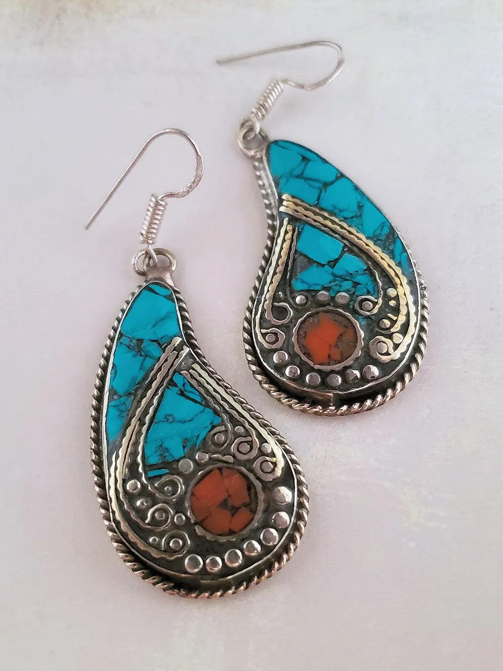 Tibetan Earrings - Lapis or Turquoise Paisleys