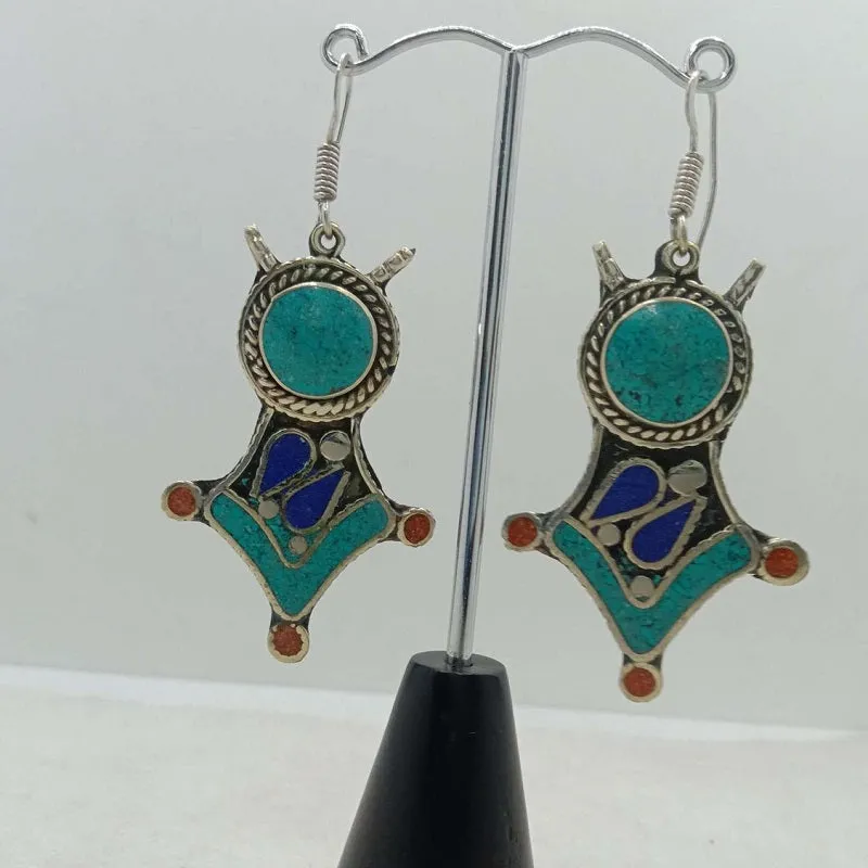 Turquoise Dangle Earrings, Nepalese Earrings, Turquoise Jewelry