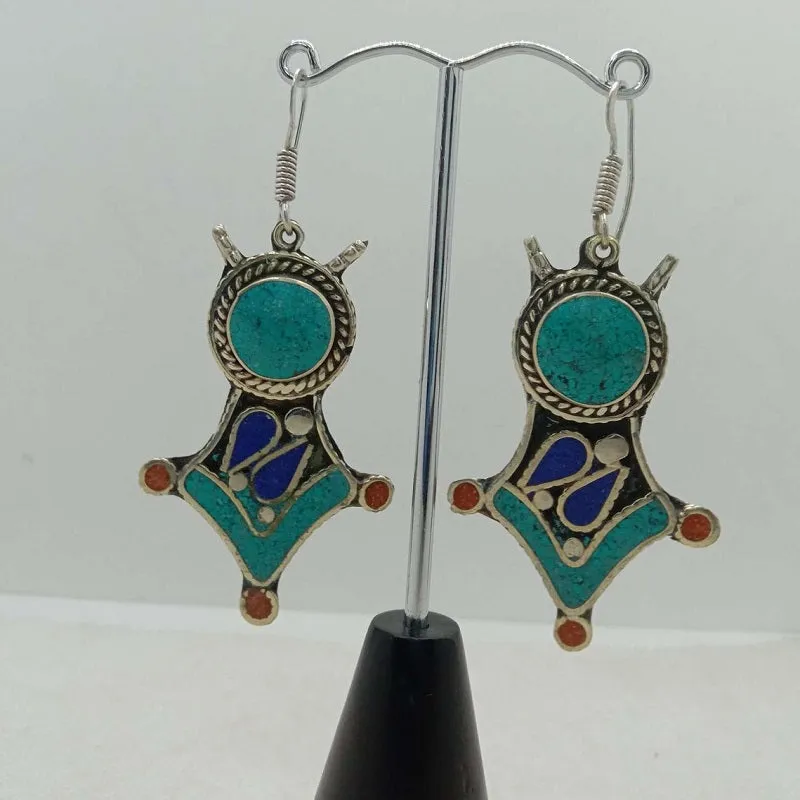 Turquoise Dangle Earrings, Nepalese Earrings, Turquoise Jewelry