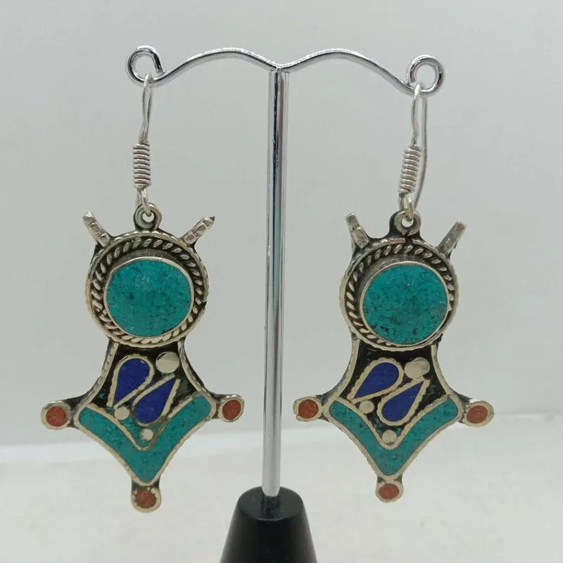 Turquoise Dangle Earrings, Nepalese Earrings, Turquoise Jewelry