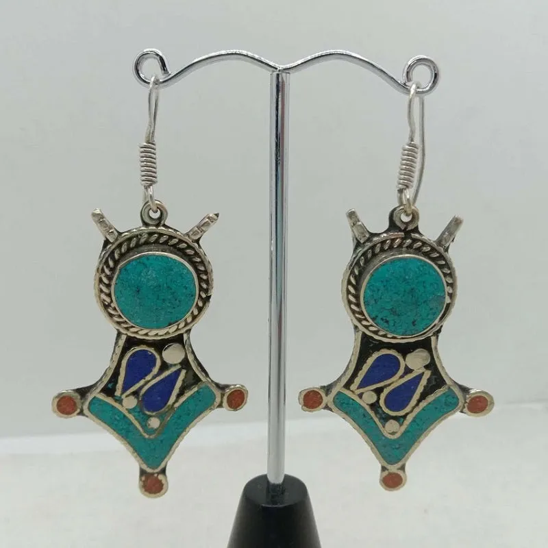 Turquoise Dangle Earrings, Nepalese Earrings, Turquoise Jewelry