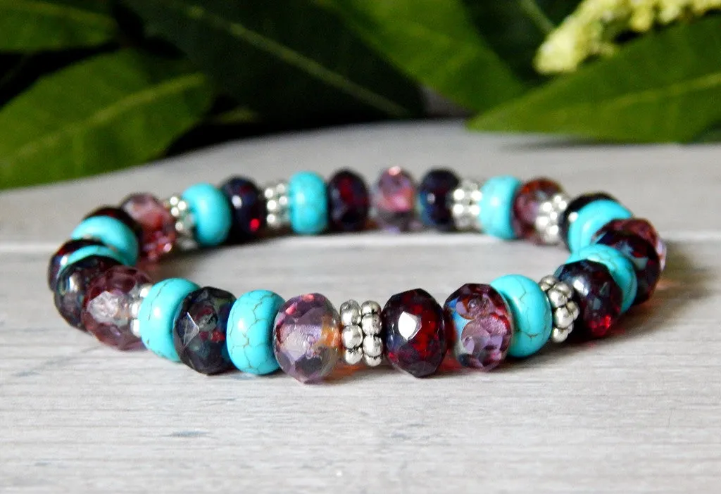 Turquoise, Purple and Ruby Beaded Bracelet