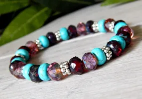 Turquoise, Purple and Ruby Beaded Bracelet