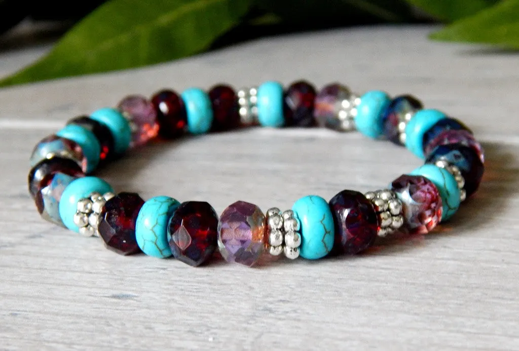 Turquoise, Purple and Ruby Beaded Bracelet