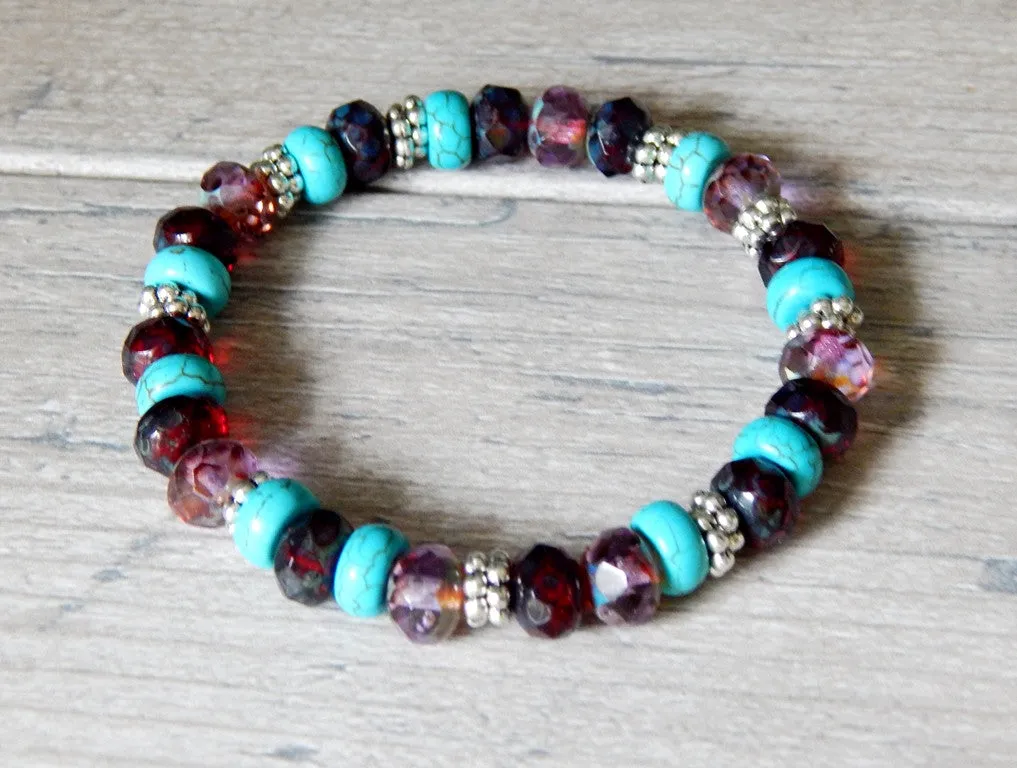 Turquoise, Purple and Ruby Beaded Bracelet