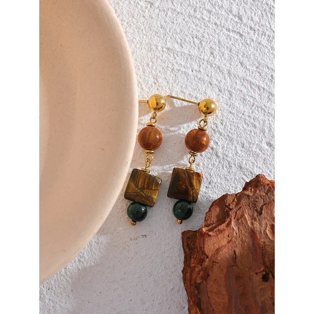 VAIGE Elegant Gold & Black Tiger Beads Dangle Earrings in Stainless Steel