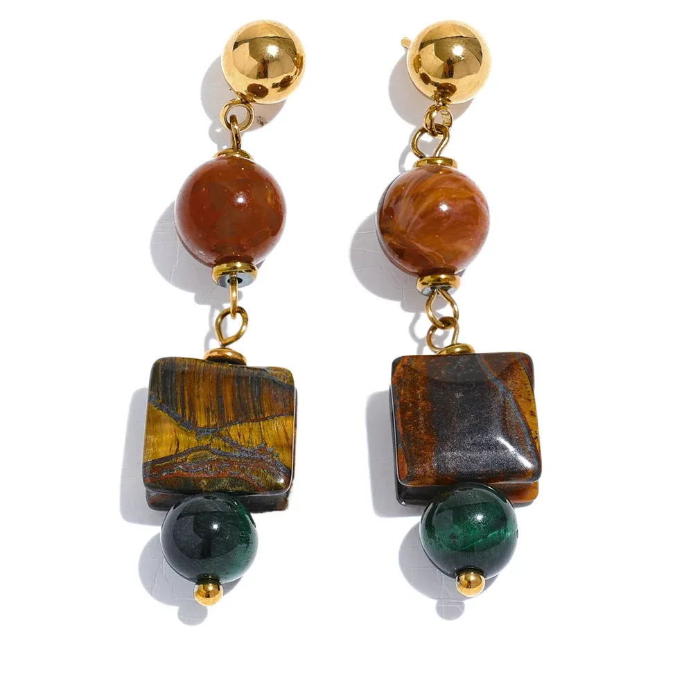 VAIGE Elegant Gold & Black Tiger Beads Dangle Earrings in Stainless Steel