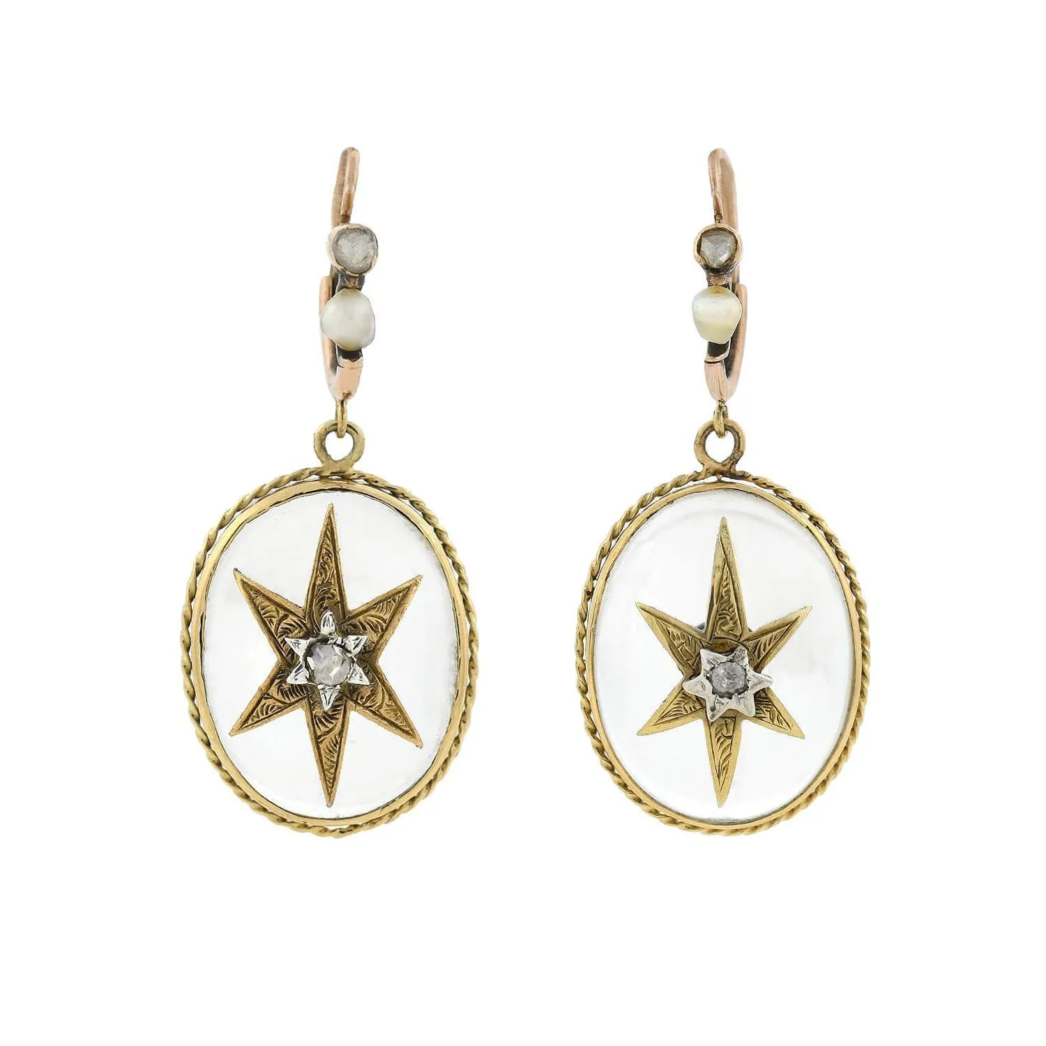 Victorian 15kt Rock Crystal, Diamond   Pearl Star Motif Earrings