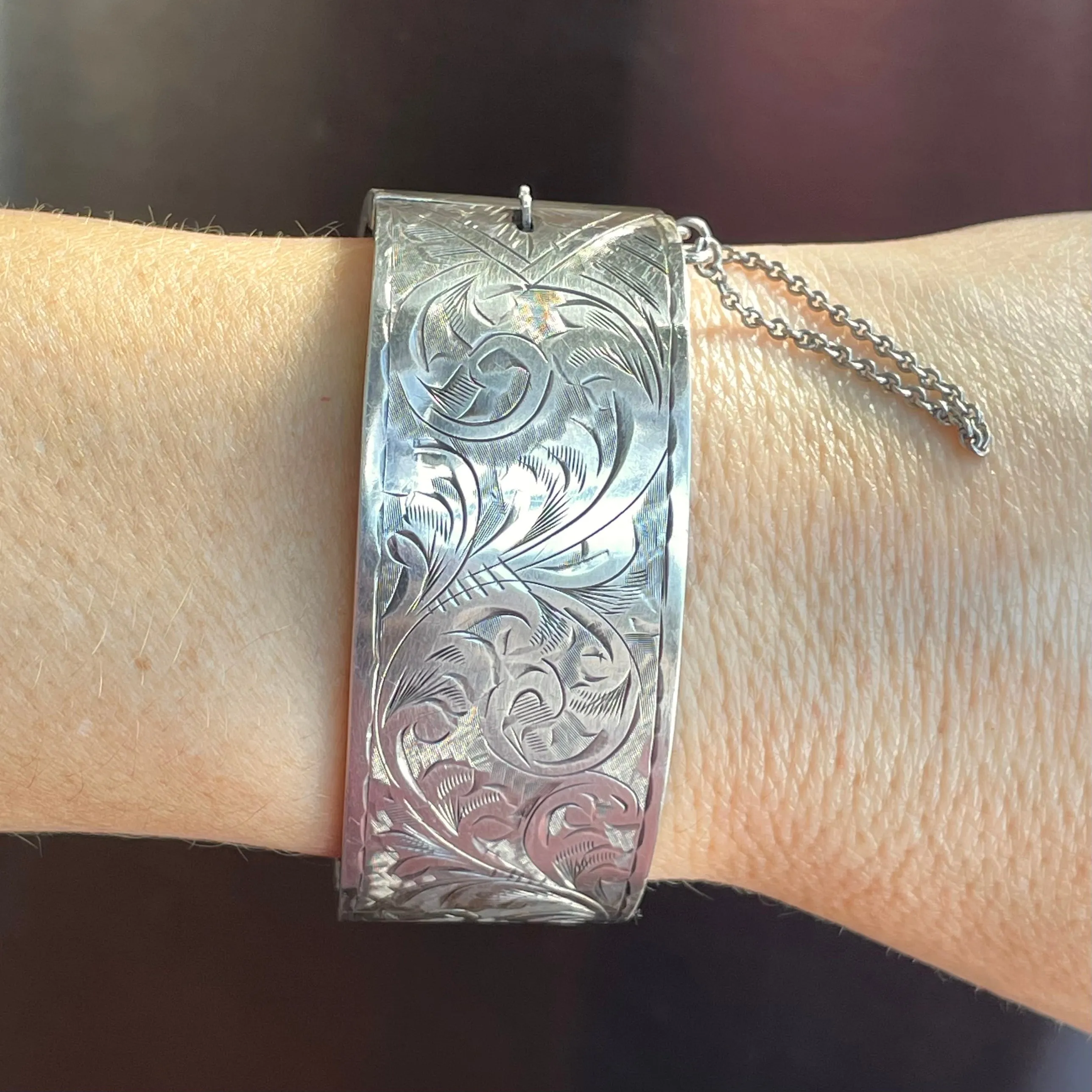 Victorian Engraved Leaf Scroll Wide Silver Bracelet Bangle