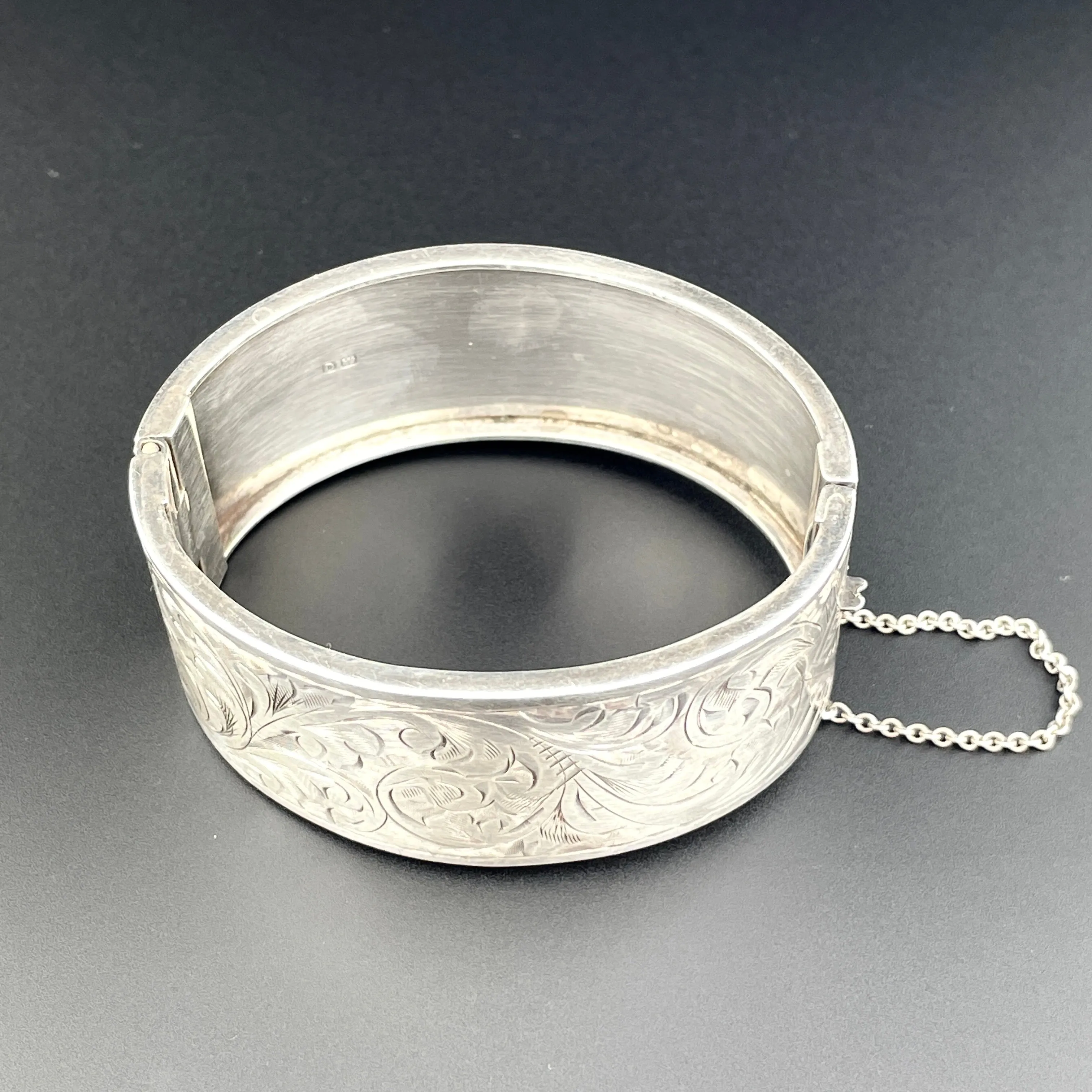 Victorian Engraved Leaf Scroll Wide Silver Bracelet Bangle