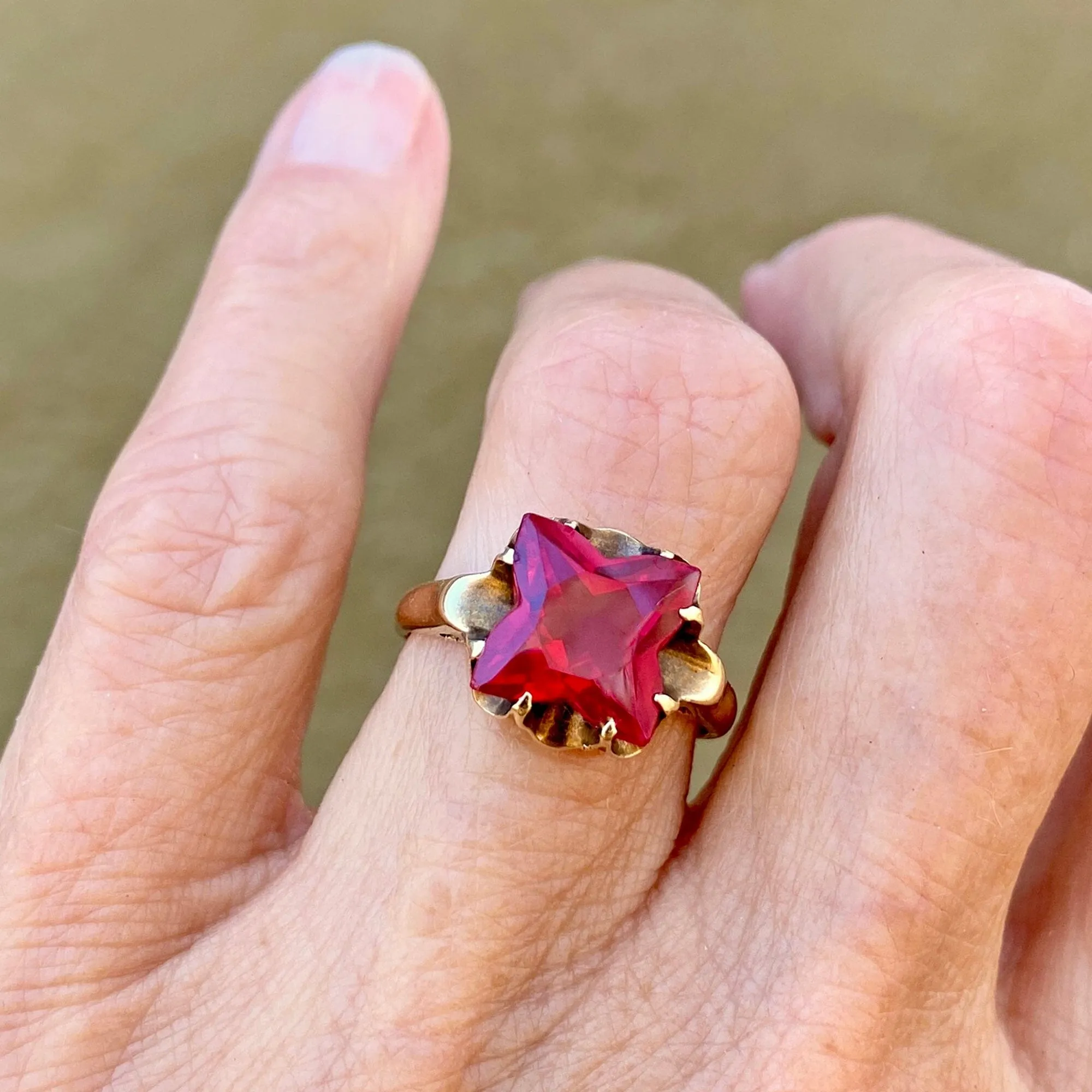 Vintage 10K Gold Buttercup Fancy Cut Ruby Ring