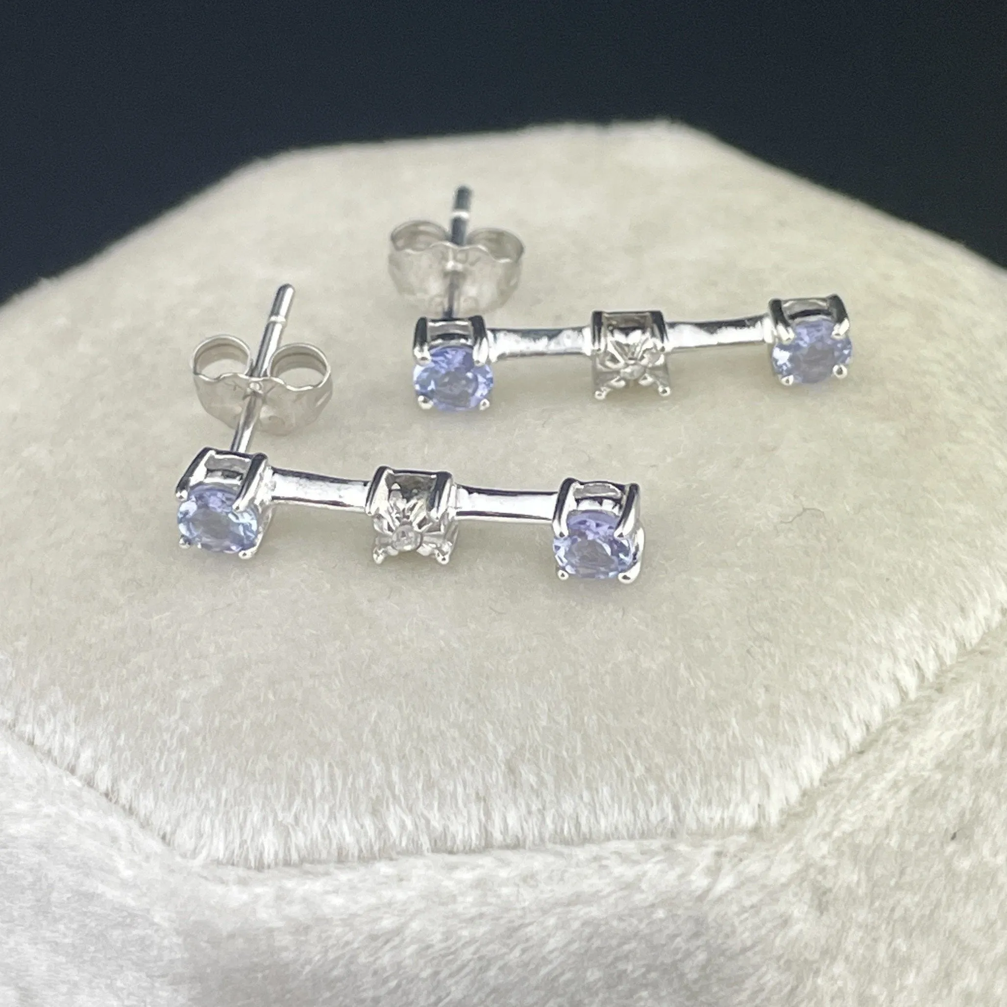 Vintage 10K White Gold Tanzanite Diamond Bar Drop Earrings