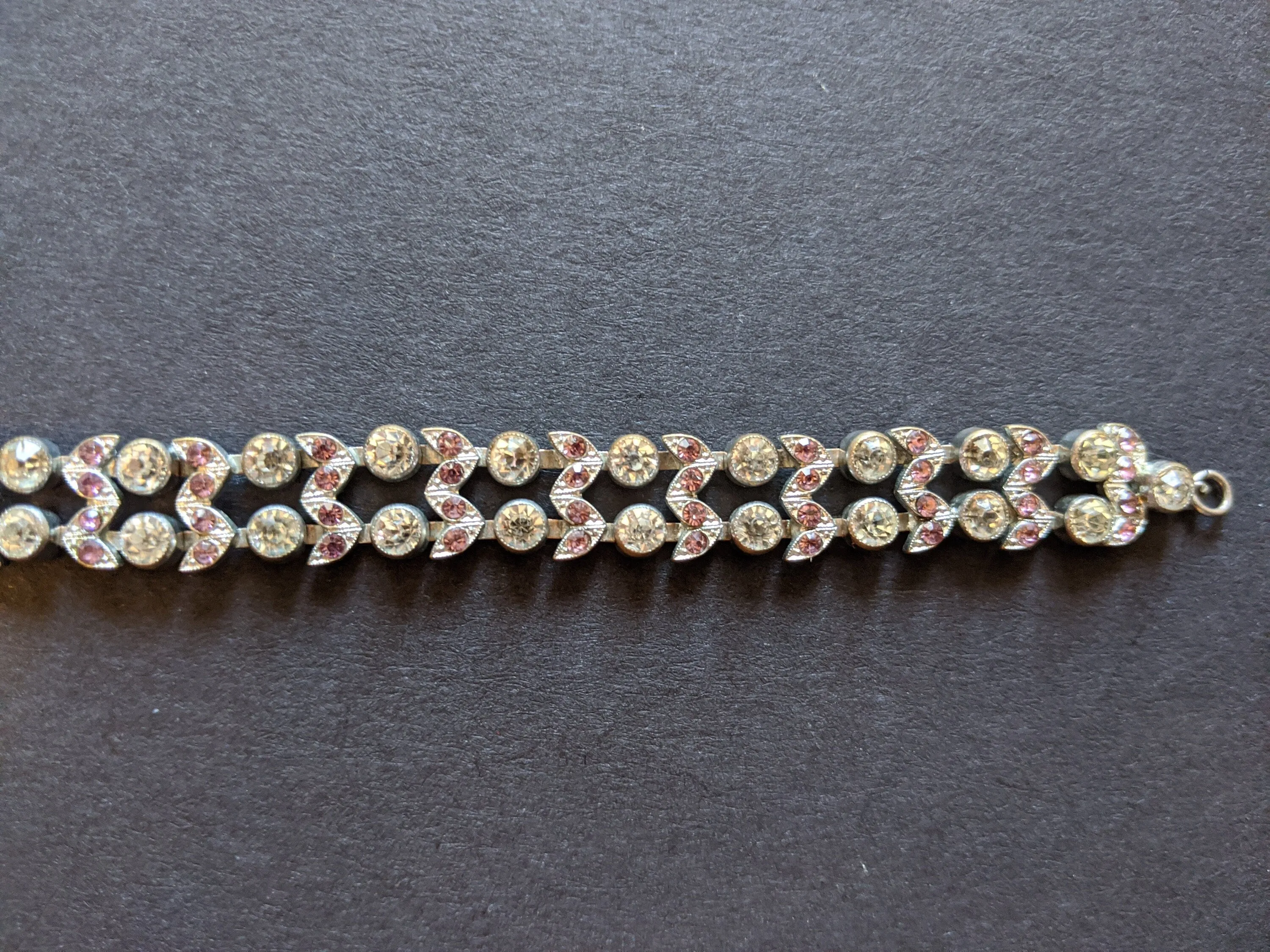 Vintage Art Deco clear and pink / purple paste and silver tone, bud and leaf design double strand bracelet 1920s - 1930s