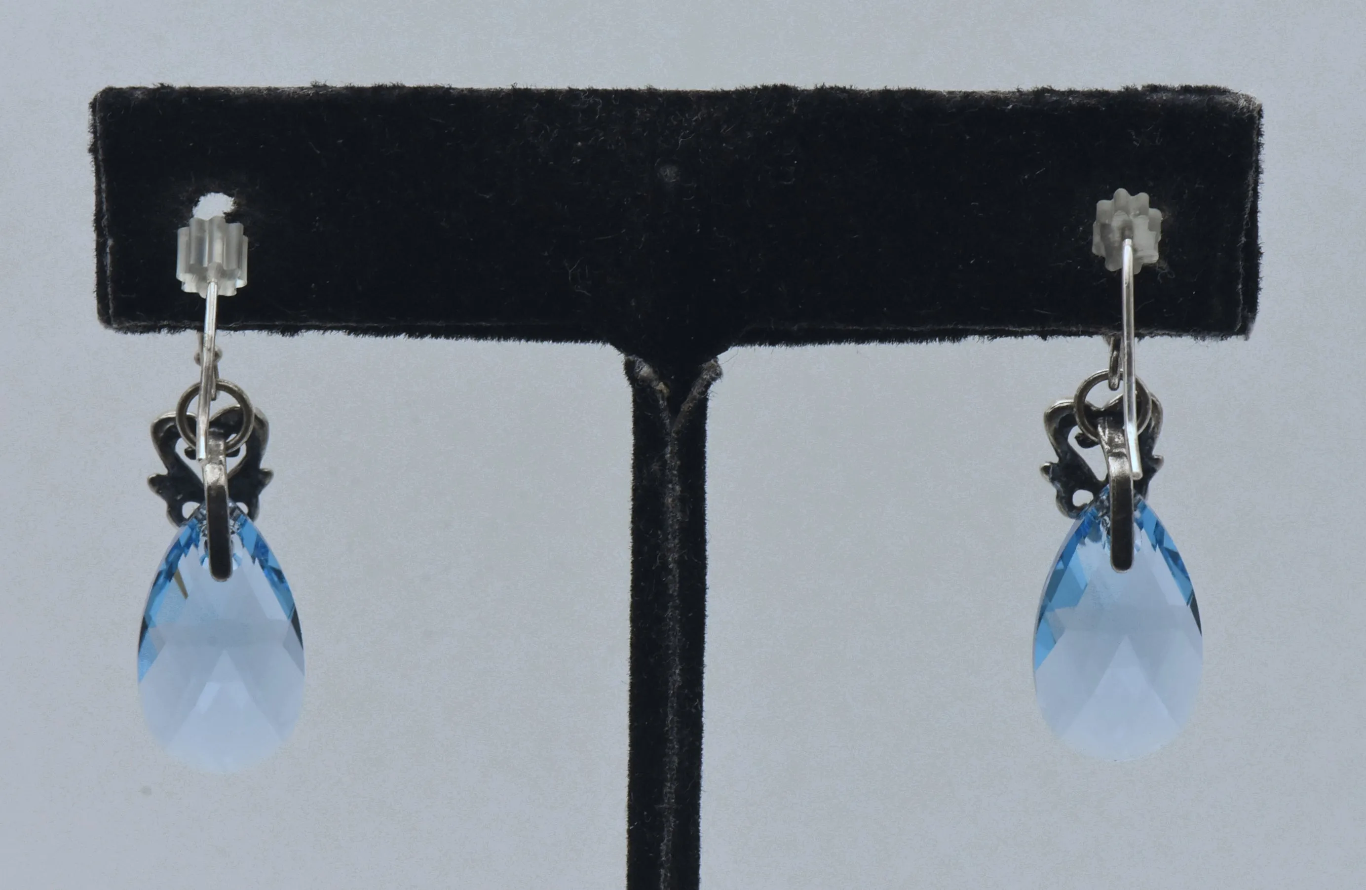 Vintage Blue Faceted Glass Teardrop Sterling Silver Earrings