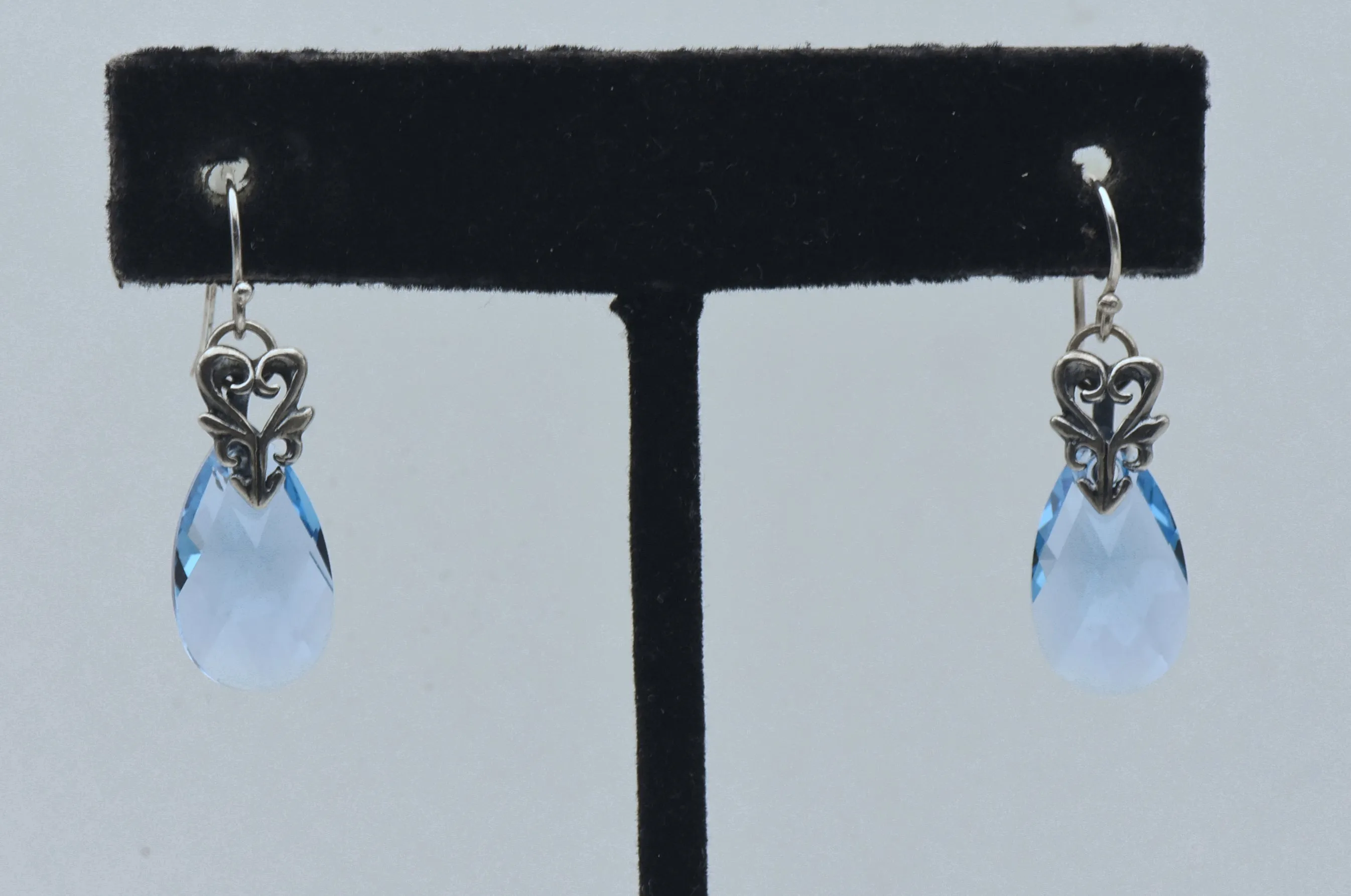 Vintage Blue Faceted Glass Teardrop Sterling Silver Earrings