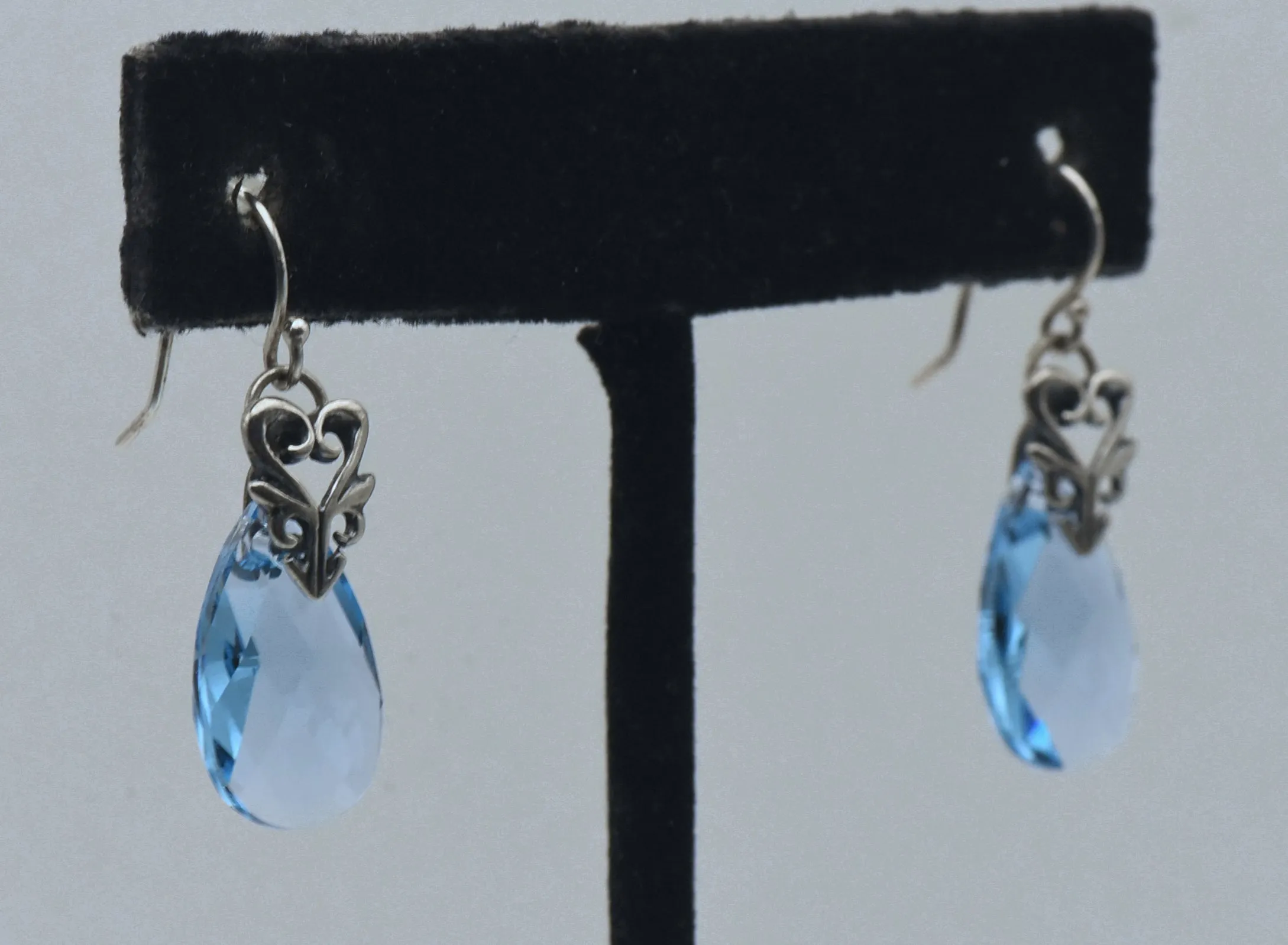 Vintage Blue Faceted Glass Teardrop Sterling Silver Earrings