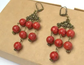 Vintage Earrings with antique bronze accents Red Coral Earrings Long dangle drop antique coral earrings Ukrainian ethnic boho jewelry