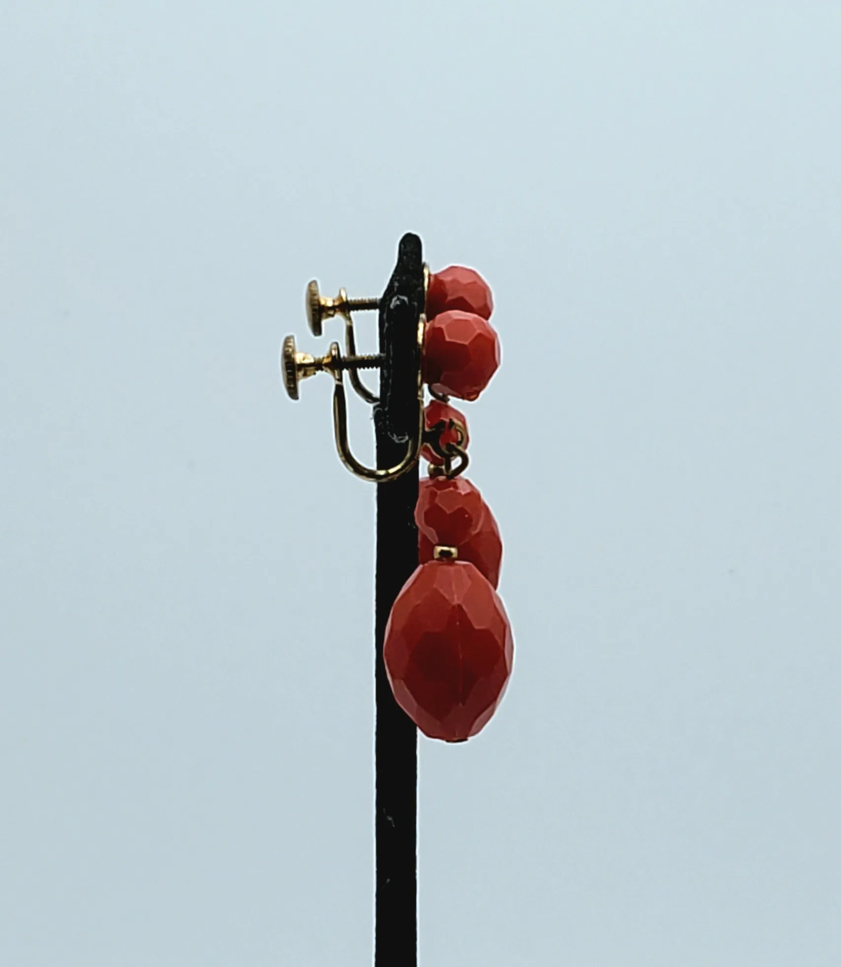 Vintage Faceted Red Plastic Bead Dangle Screw Back Earrings