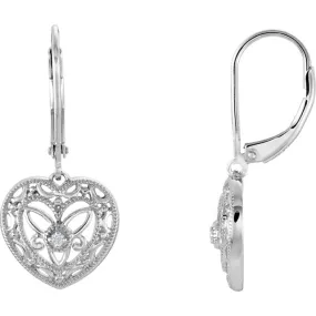 Vintage Inspired Sterling Silver Diamond Lever Back Heart Earrings