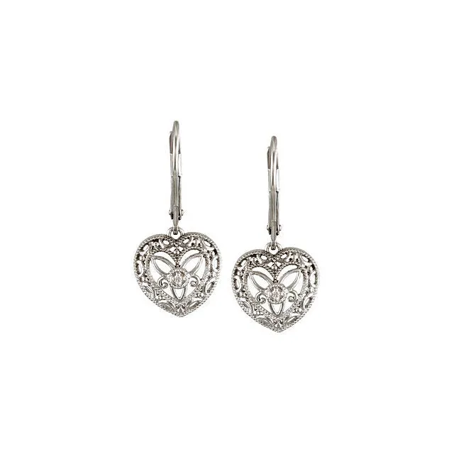 Vintage Inspired Sterling Silver Diamond Lever Back Heart Earrings