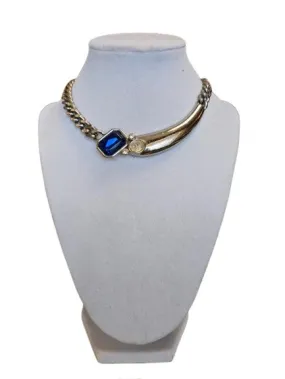 VINTAGE PARK LANE SILVER TONE METAL BLUE AND CLEAR RHINESTONES CHOKER SIGNED NECKLACE