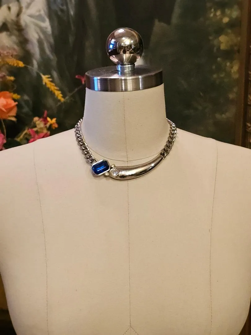 VINTAGE PARK LANE SILVER TONE METAL BLUE AND CLEAR RHINESTONES CHOKER SIGNED NECKLACE