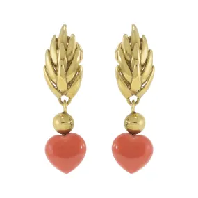 Vintage Retro Era  18KT Yellow Gold Coral Heart Drop Earrings