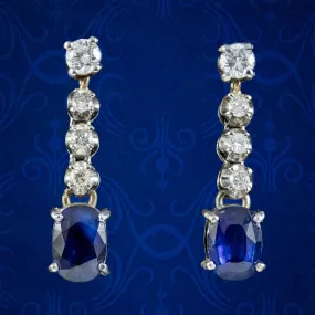 Vintage Sapphire Diamond Drop Earrings 18ct Gold 1.60ct Of Sapphire Boxed