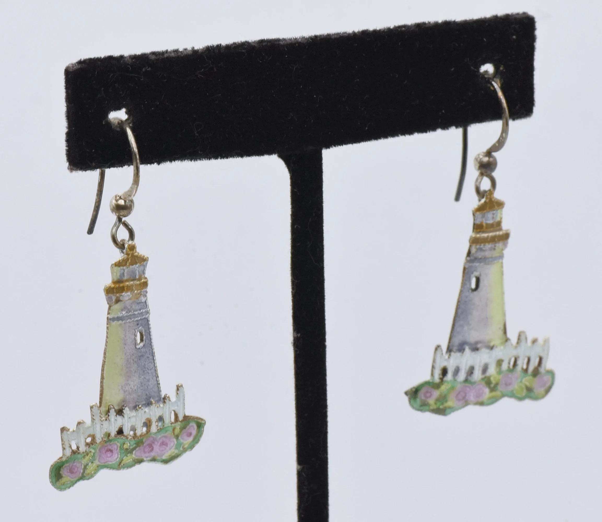 Vintage Sterling Silver Enameled Lighthouse Dangle Earrings