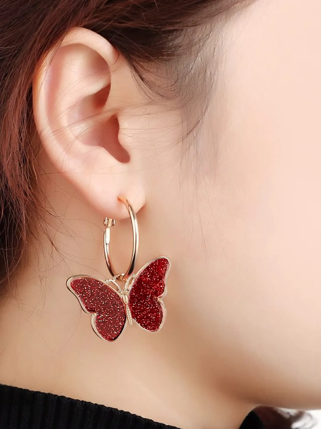 Yellow Chimes Hoop Earrings for Women Fashion Red Butterfly Shaped Hoops Earrings Set | Gold Plated Big Hoops Bali Earrings for Girls | Birthday Gift for Girls & Women Anniversary Gift for Wife