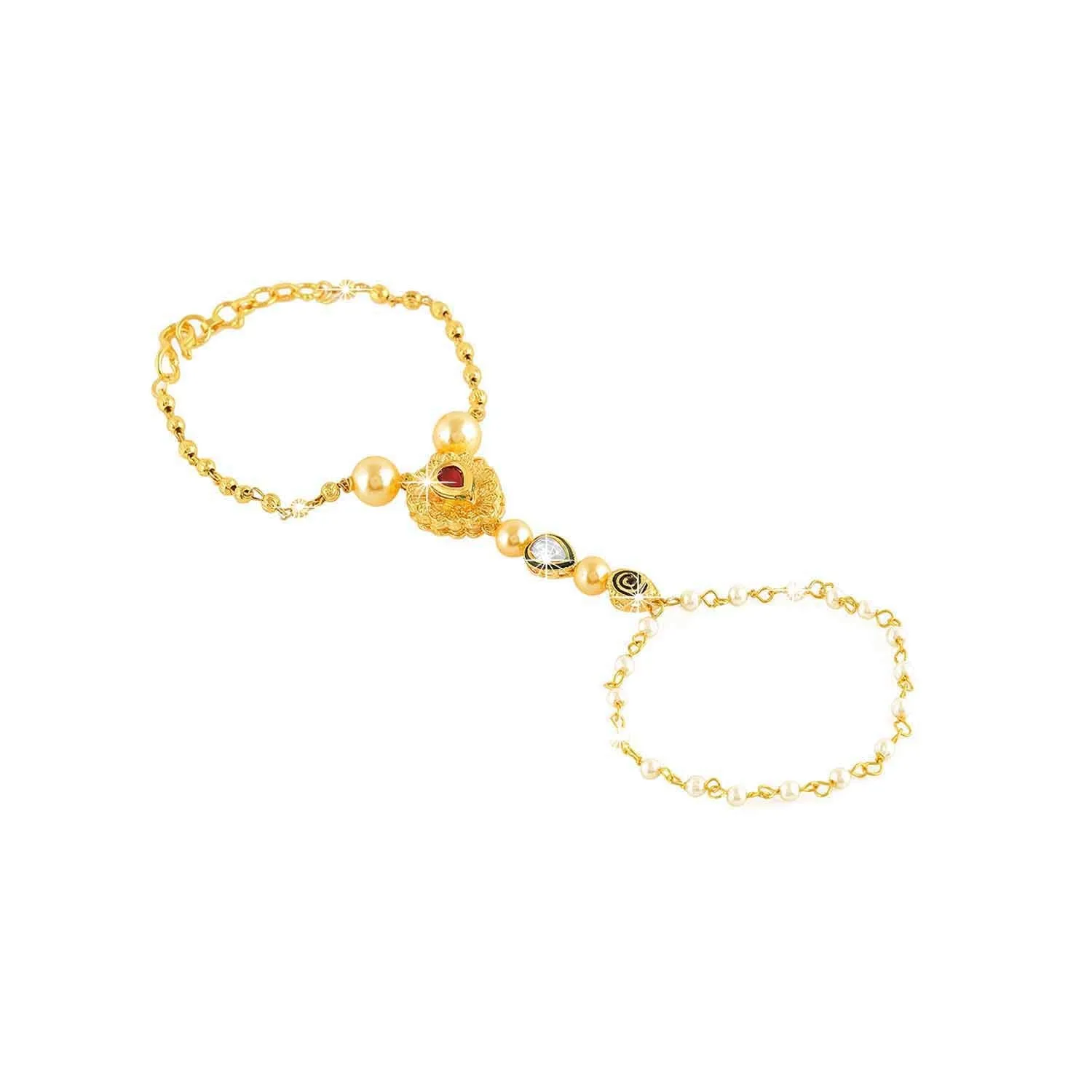 Yellow Chimes Kundan Studded Pearl Gold Plated Hathphool Ring Bracelet for Women and Girls