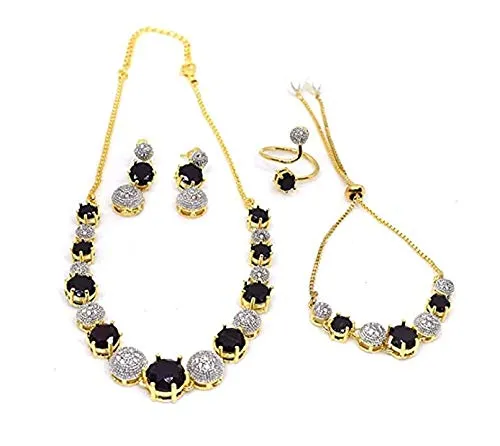 Yellow Chimes Premium American Diamond Designer Sparkling Ruby Gold Plated Necklace Set With Bracelet & Ring Classic Jewellery Set For Women & Girls (Black)